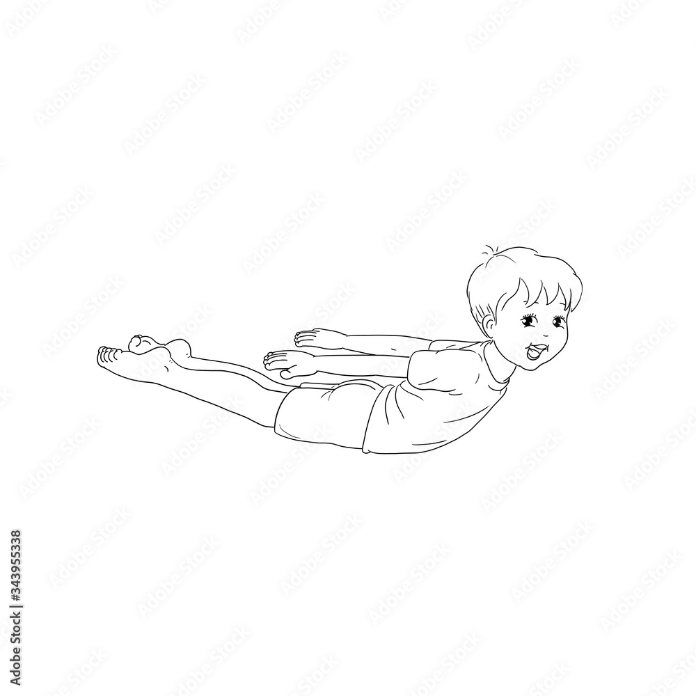 Obraz premium Kids Yoga - Joga für Kinder, Asana Heuschrecke, horizontal Banner Design Concept Cartoon. Junge barfuß in Yoga Haltung, macht fröhliches Gesicht. Yogi Logo auf Hintergrund in weiß.