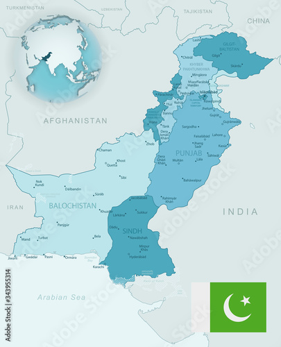 Blue-green detailed map of Pakistan administrative divisions with country flag and location on the globe.