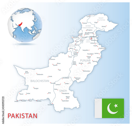 Detailed Pakistan administrative map with country flag and location on a blue globe.
