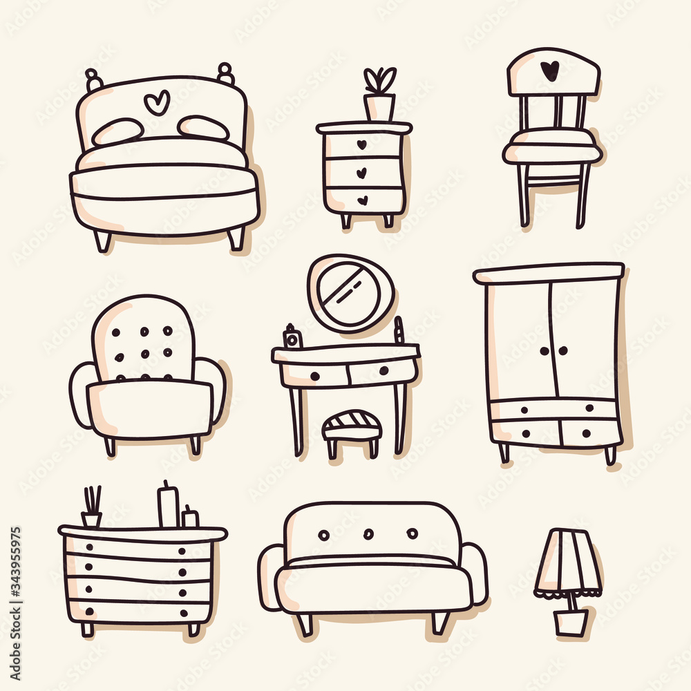 Set of furniture: camode, Cabinet, chair, floor lamp, bed, treslo, dressing table, beauty, isolated background. Scandinavian comfort in the house, housewarming, cozy housing. Logo. Doodle. Vector. Set of furniture: camode, Cabinet, chair, floor lamp, bed, treslo, dressing table, beauty, isolated background. Scandinavian comfort in the house, housewarming, cozy housing. Logo. Doodle. Vector.