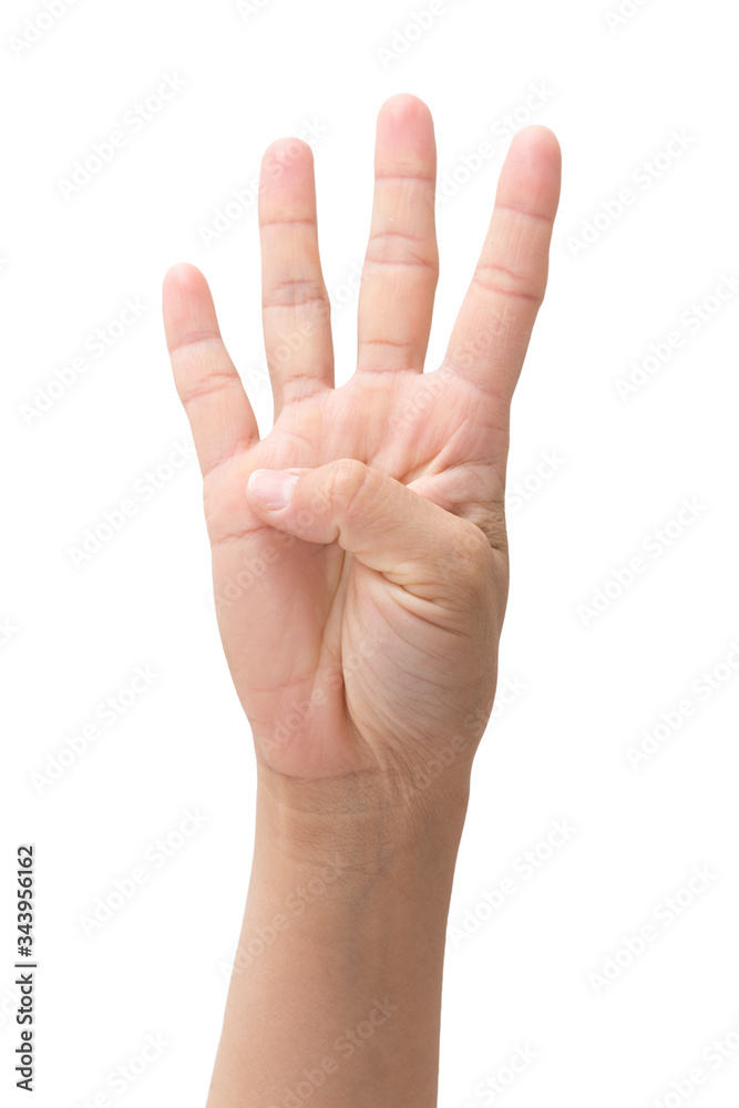 Hand shows number four, isolated background Hand shows number four, isolated background