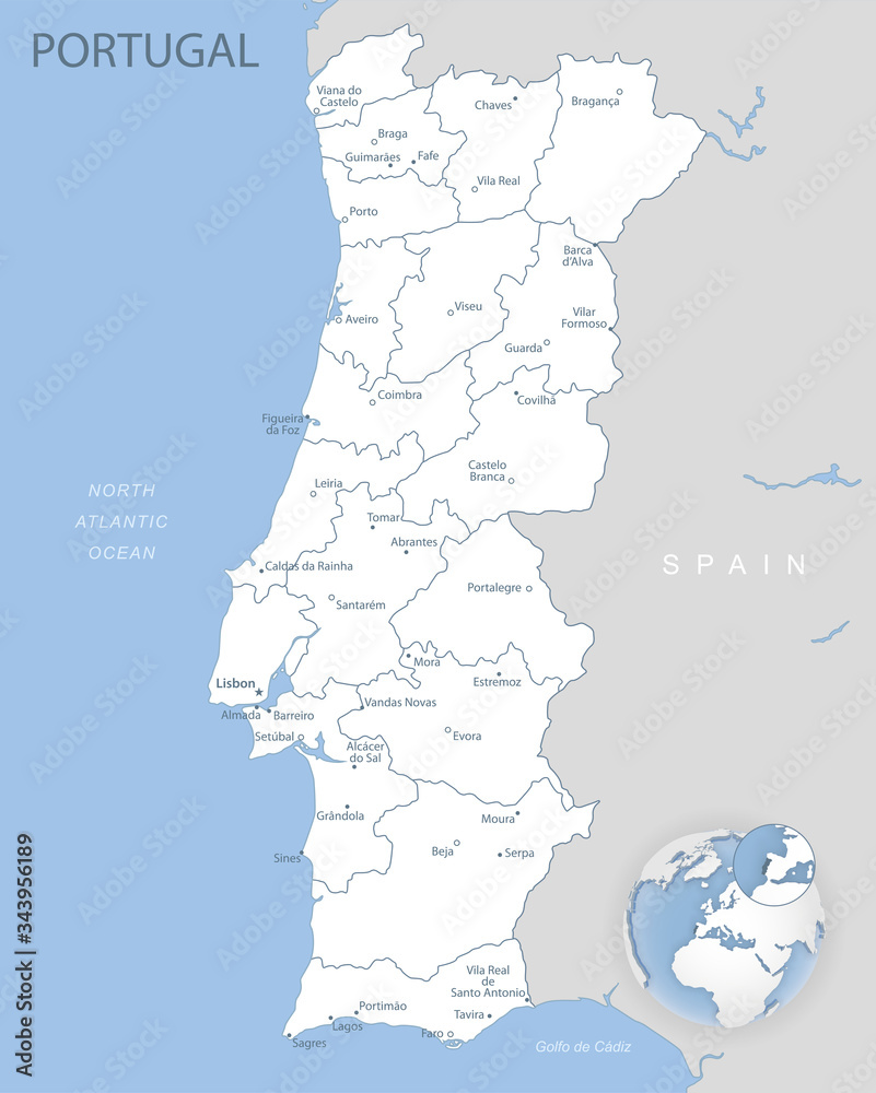 Blue-gray detailed map of Portugal administrative divisions and location on the globe.