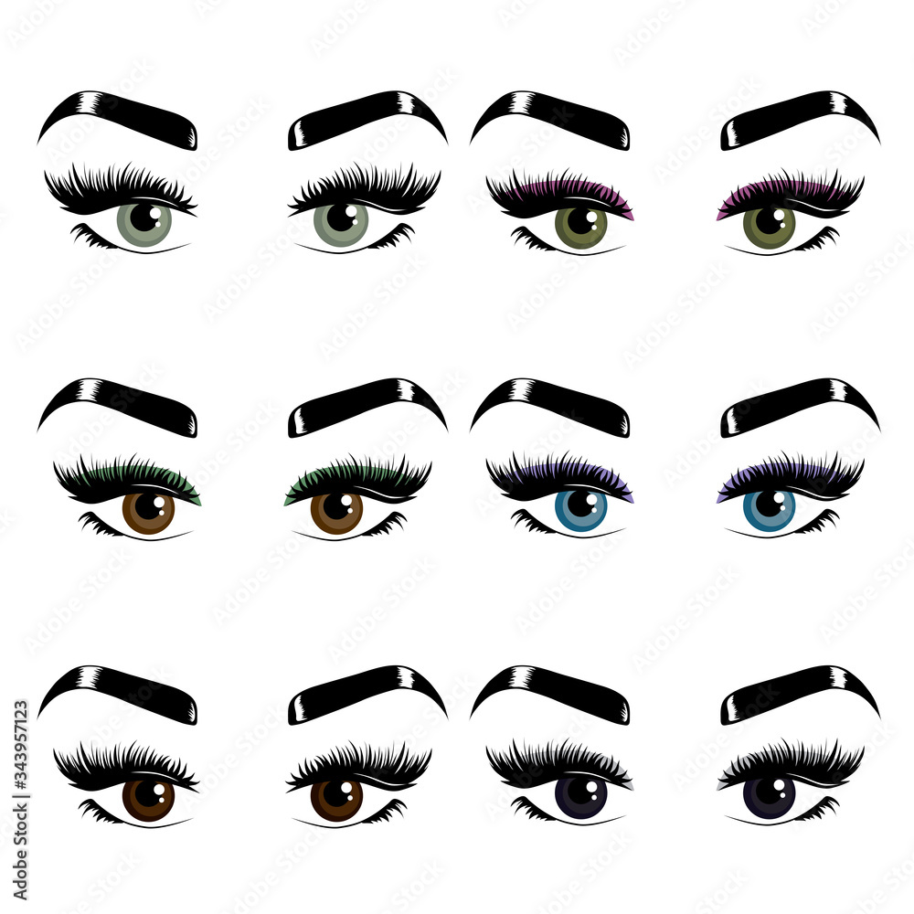 Six pairs of womans eyes, eyelashes and eyebrows.