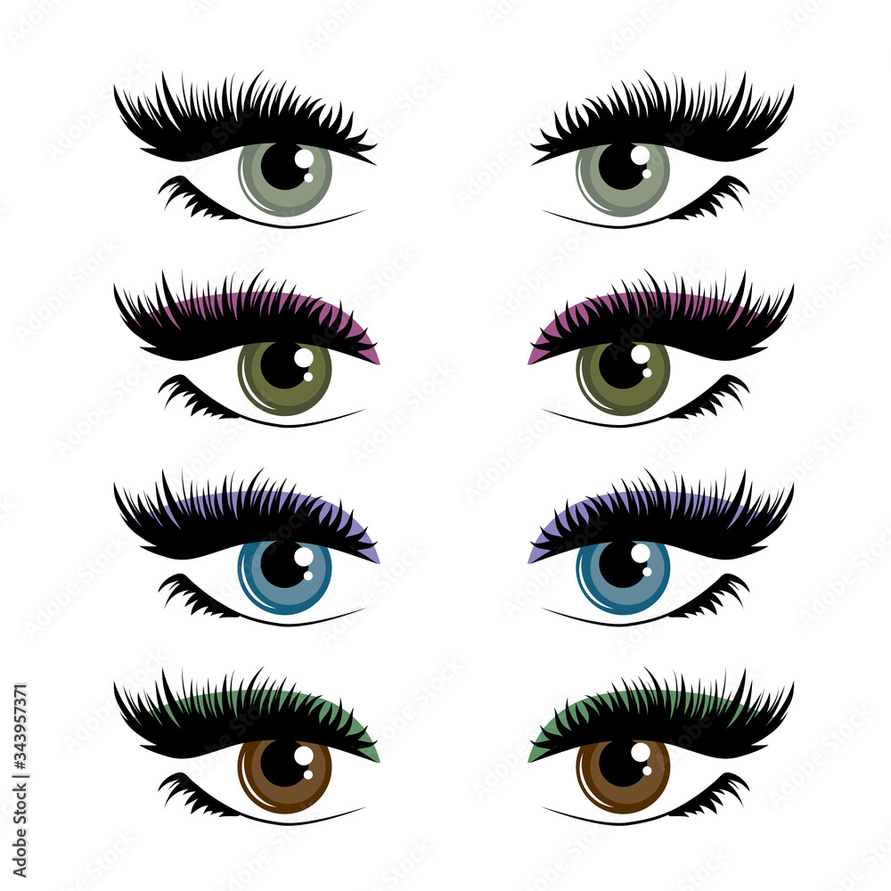Four pairs of womans eyes, eyelashes and eyebrows.