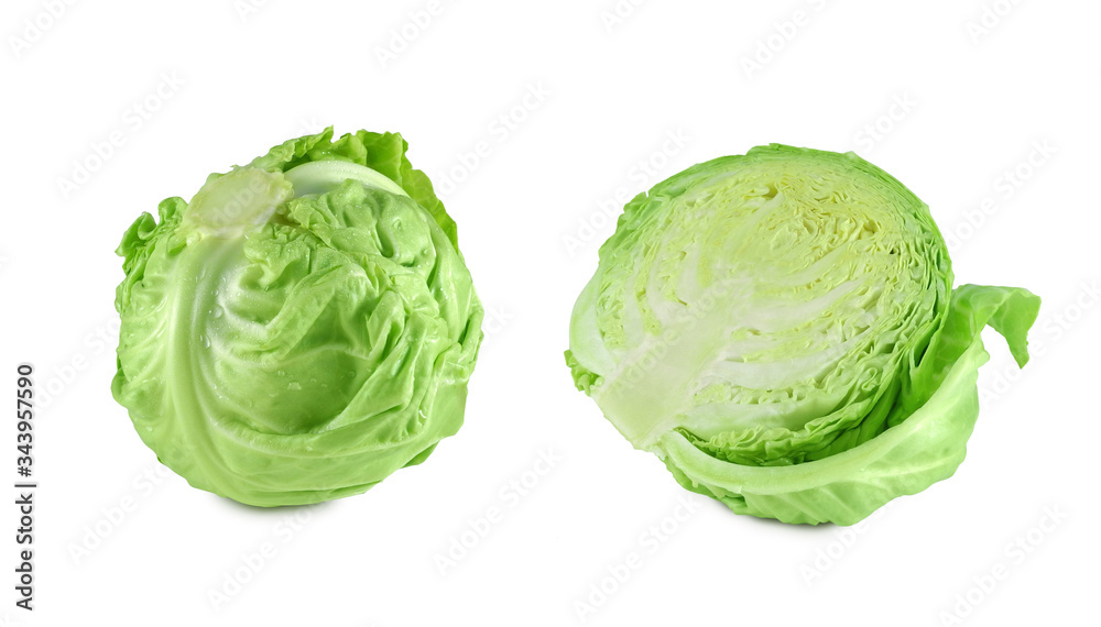 Fototapeta premium Wet young fresh cabbage whole and halved isolated on white background