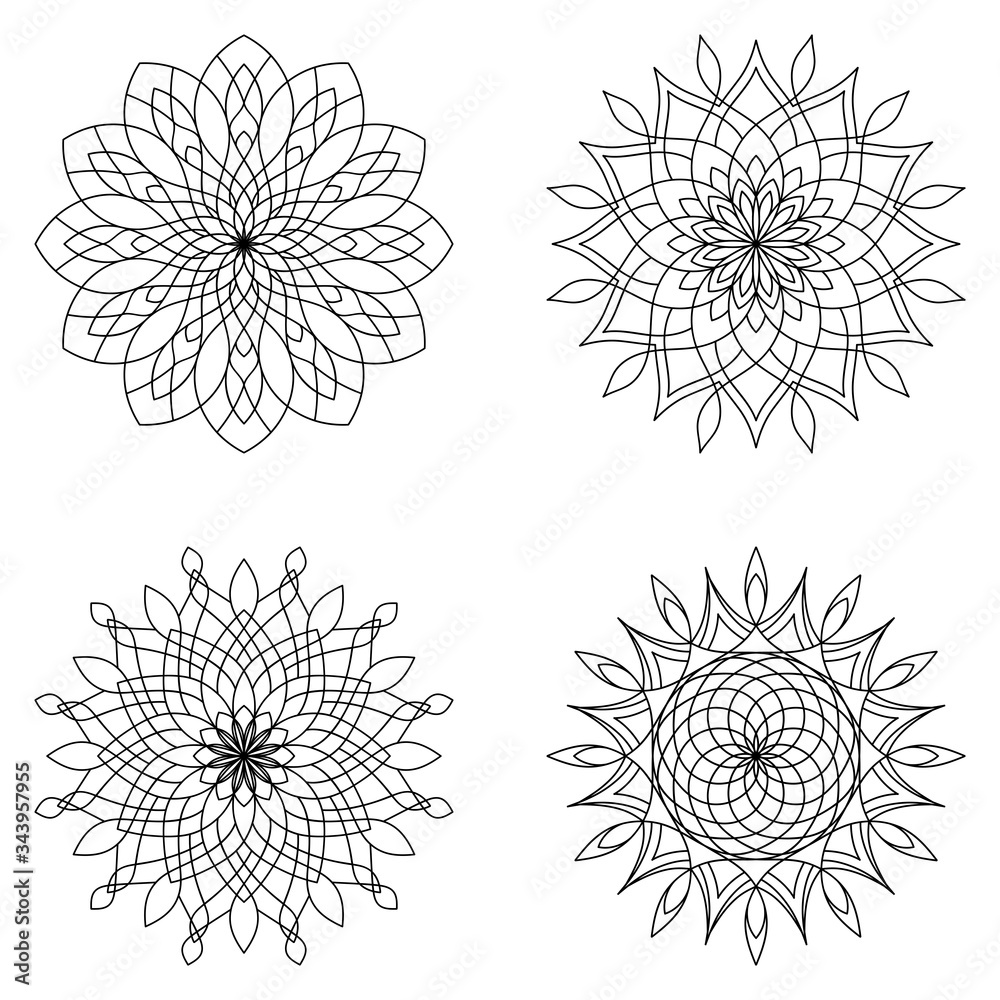 Obraz premium Set of four ethnic round Mandala ornament isolated on white background. Henna tattoo design. Vector illustration