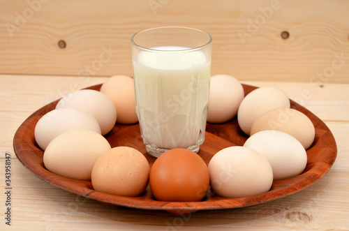 chicken eggs and a glass of milk on a dish
