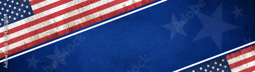 America background panorama - Banner of the flag from united states and stars, isolated on blue rustic texture, with space for text