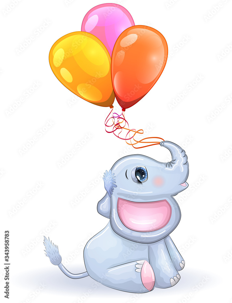 Cute cartoon elephant with beautiful eyes with a butterfly surrounded by flowers, children's illustration Cute cartoon elephant with beautiful eyes with a butterfly surrounded by flowers, children's illustration