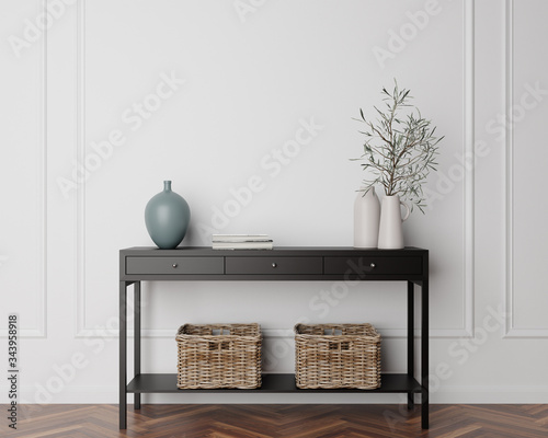 Wood Console Cabinet Contemporary Modern Foyer Living Room Blank Empty Wall Copy Space photo