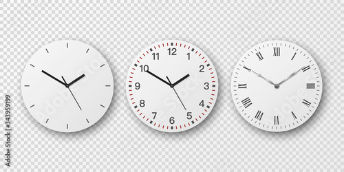 Vector 3d Realistic Simple Round Wall Office Clock Set. White Dial. Closeup Isolated on Transparent Background. Design Template, Mock-up for Branding, Advertise. Front or Top View photo