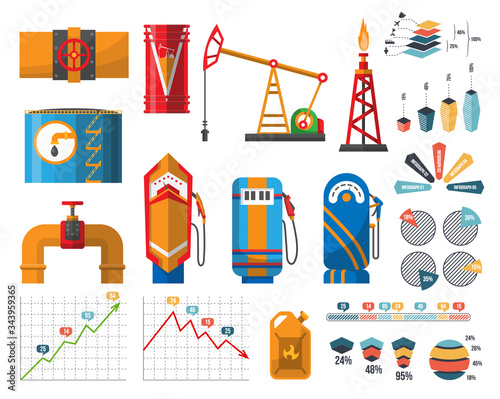 Infographic petroleum elements. Process of oil production and petroleum refining. Oil rig. Fuel. Gasoline pump retro design. Oil or fuel pipe fittings. Canister of gasoline