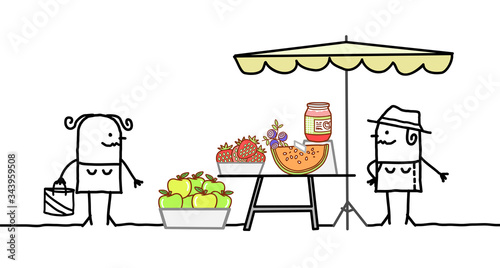 Cartoon producer selling organic fruits on a market store