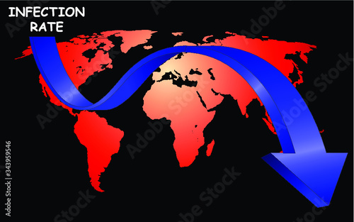 Representation of worldwide virus pandemic infection rate going down on world map isolated on black background
