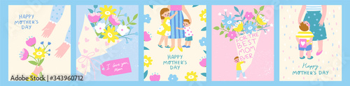 Happy Mother's Day! Set of five cute and colorful vector illustrations. Kids and their mom, gifts and flowers for the Mother's Day celebration. Design templates for a card, banner, poster. 