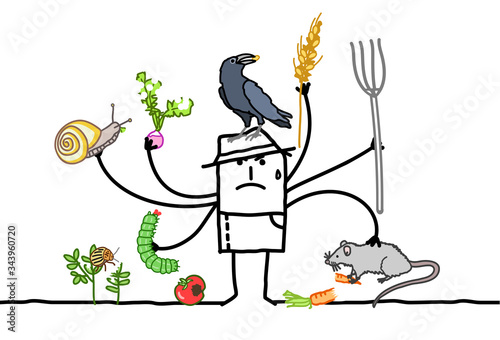 Multitasking cartoon farmer, angry because of animals eating his plants