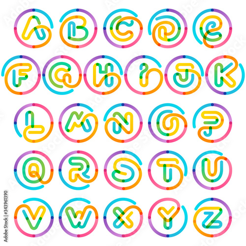 Alphabet in a rainbow gradient circle. Impossible one line style.