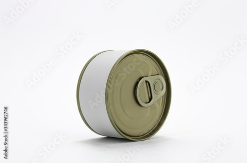 White blank tin can gold metal Tin Can with key, canned Food. Isolated with clipping path. Ready for your design. Real product packing. Mockup.