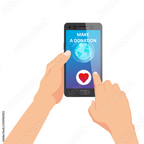 Donating money by online payments consept. Gold coin and eath palnet button on smartphone screen