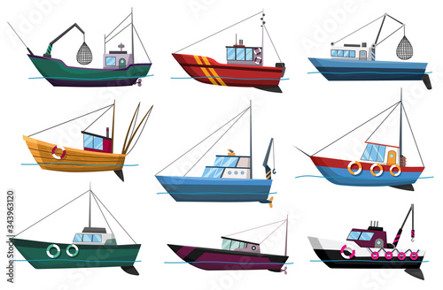 Collection of fishing boats side view isolated on white background. Commercial fishing trawlers for industrial seafood production vector illustration. Sea fishing, ships marine industry, fish boats
