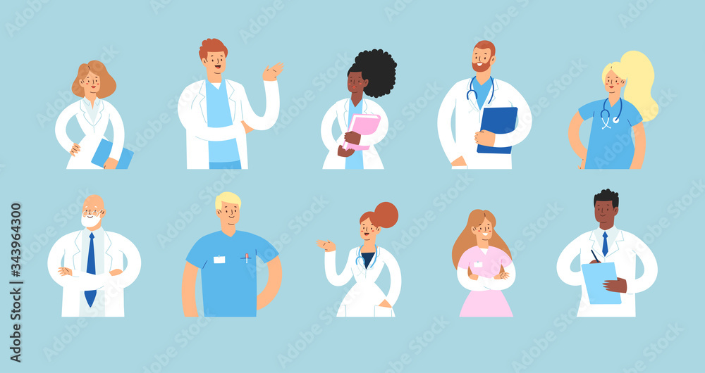 Set of various avatars male and female medicine workers. Group of hospital medical specialists standing together: doctor, surgeon, physician, paramedic, nurse, other staff. Cartoon vector characters 