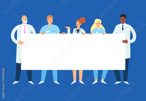Set of various male and female medicine workers holding an empty blank banner with copy space for text. Group of hospital medical specialists standing together: doctors, medics, nurses and other staff