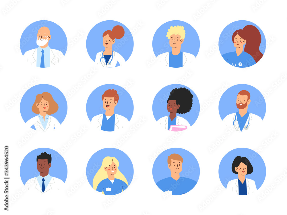 Set of various avatars male and female medicine workers. Group of hospital medical specialists standing together: doctor, surgeon, physician, paramedic, nurse, other staff. Cartoon vector characters Set of various avatars male and female medicine workers. Group of hospital medical specialists standing together: doctor, surgeon, physician, paramedic, nurse, other staff. Cartoon vector characters