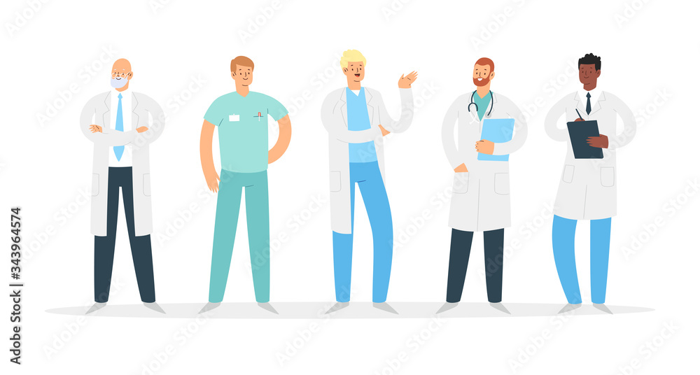 Set of various male medicine workers. Group of hospital medical specialists standing together: doctor, surgeon, physician, paramedic, nurse and other staff. Cartoon vector characters