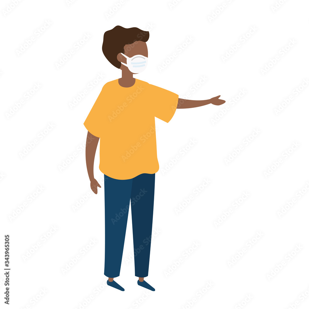cute boy afro using face mask waving isolated icon vector illustration design cute boy afro using face mask waving isolated icon vector illustration design