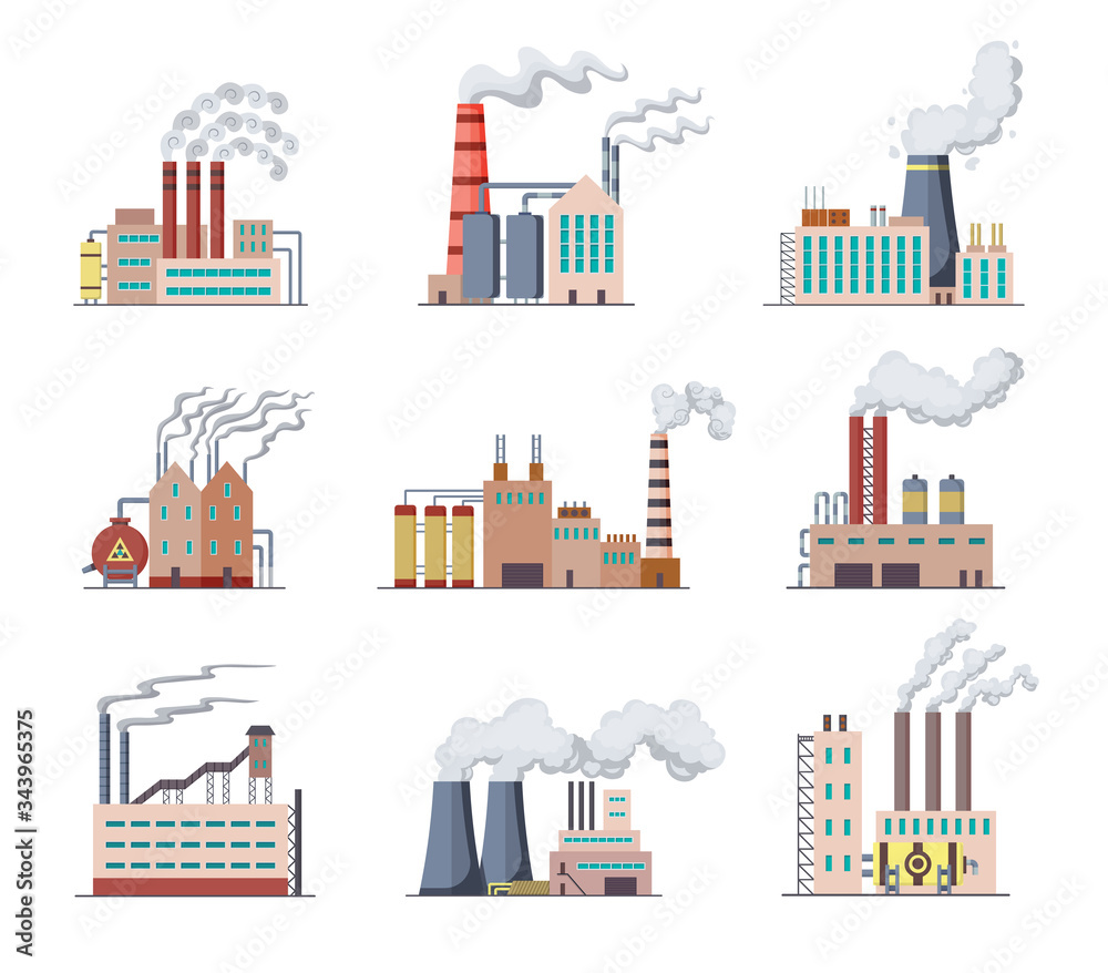 Set of Factories and power plants flat design of vector illustration ...