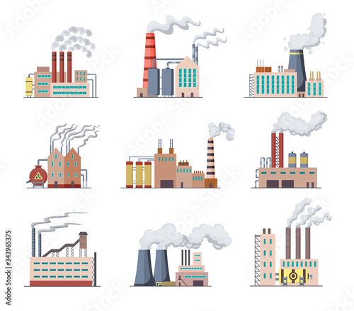 Set of Factories and power plants flat design of vector illustration. Manufactory industrial buildings refinery factory or Nuclear Power Stations. Building big of plants or factorys with pipe smoke