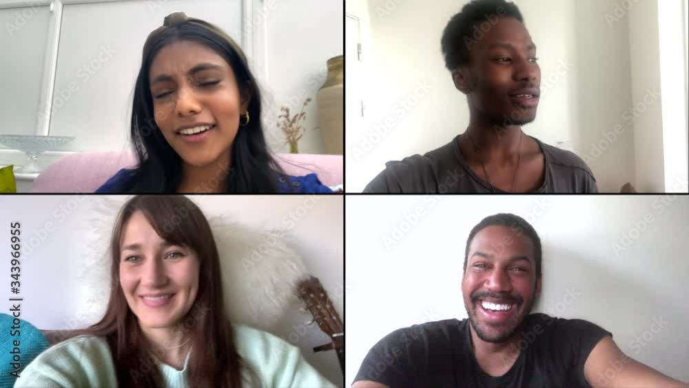 Four Friends Laughing on video chat using mobile cell phones