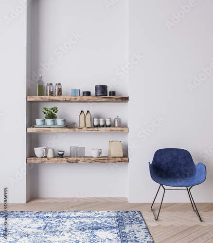 Interior design for dining room with velvet blue chairs, wooden table and vintage carpet on light gray background, Scandinavian style © lilasgh