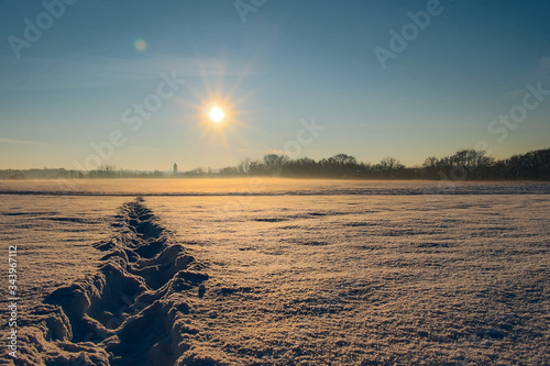 sunrise in the snow in winter