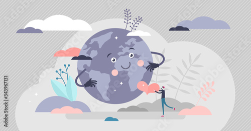 Earth loving vector illustration. Climate protection flat tiny person concept