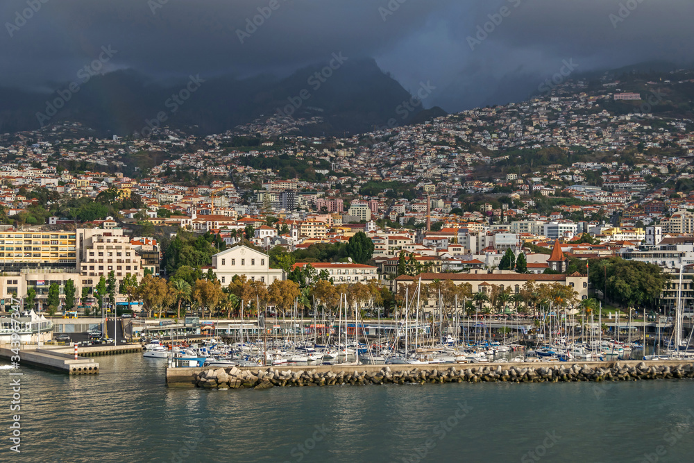 Funchal bay and Avenida do Mar with the buildings of the Baltazar Dias Theatre and the fortress São Lourenço Palace  in  Funchal, Madeira