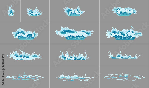 Sprite water splash animation. Shock waves on transparent background. Spray motion, spatter blast, drip. Clear water frames for flash animation in games, video and cartoon