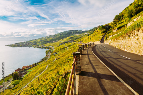 Lavaux, Switzerland: Lake Geneva and the Swiss Alps landscape seen from Lavaux vineyard tarraces in Canton of Vaud