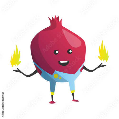 Cartoon superhero onion. Fruit with fire in hands. Cute childish cartoon character. Funny cartoon fruit in superhero costume. Logo concept of healthy diet. Vector illustration