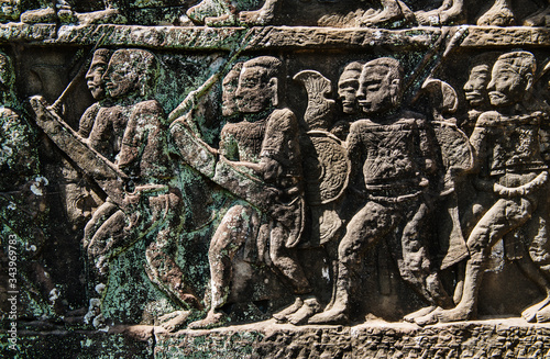 Wall carving detail of bayon temple,  Angkor wat, Siem Reap, cambodia, Southeast Asia