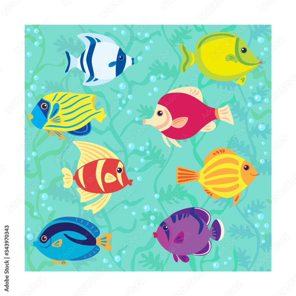 Seamless pattern with color exotic tropical fish on green-blue background vector illustration