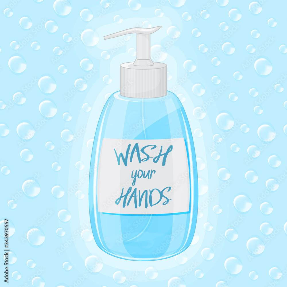 Poster with liquid soap in the package and bubbles, foam. Benefits of hand washing. Cartoon style. Vector illustration. Poster with liquid soap in the package and bubbles, foam. Benefits of hand washing. Cartoon style. Vector illustration.