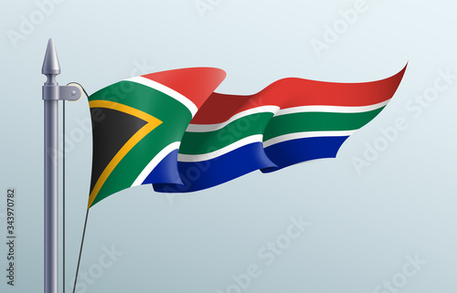 South Africa flag state symbol isolated on background national banner. Greeting card National Independence Day of the Republic of South Africa. Illustration banner with realistic state flag of RSA.