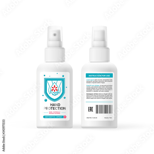 Antiseptic, label design, medical spray for cleaning hands from bacteria, ready-made design for presentations to the customer. Symbol protecting hands from bacteria and viruses