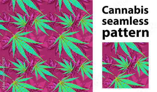 Marijuana leaf seamless pattern. Psychedelic colors. Cannabis leaf styled vector seamless image