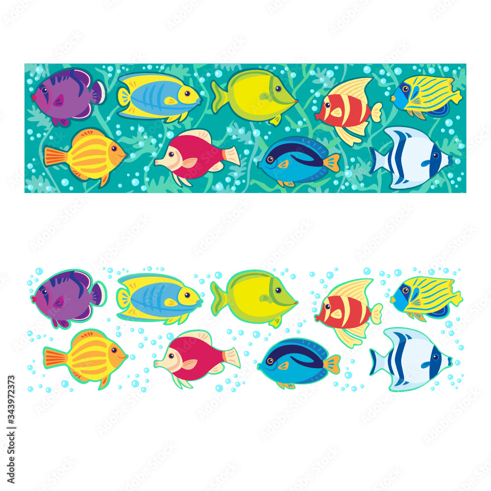 Set of two horizontal banners with colored exotic tropical fish vector illustration