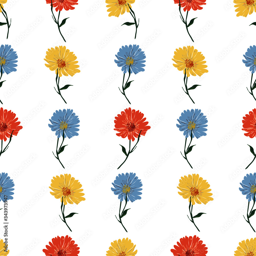 Blossom floral seamless pattern with daisy. Colorful vector texture for fashion, fabric, wallpaper, print. Hand drawn flower on white background