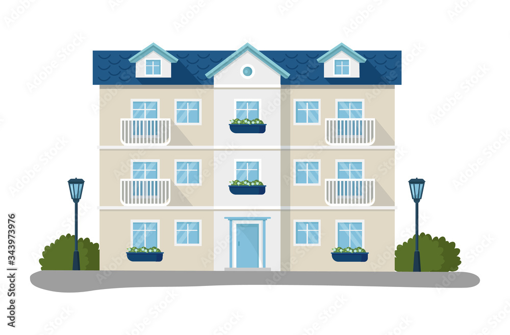 Modern house vector illustrations. Cartoon flat home apartment, facade exterior of residential building with garage, green trees. Modern cottage in town, family villa house set icons isolated on white