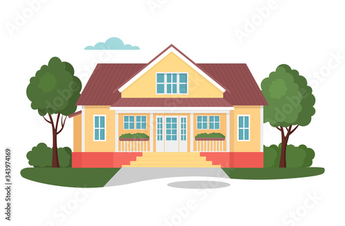 Modern house vector illustrations. Cartoon flat home apartment, facade exterior of residential building with garage, green trees. Modern cottage in town, family villa house set icons isolated on white