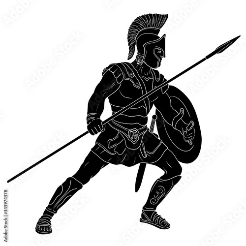 Ancient Roman warrior with a spear and shield in his hands is standing ready to attack. Vector illustration isolated on white background.